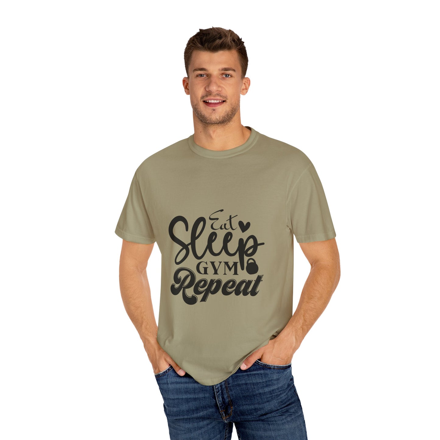 Fitness Lifestyle Tee - Unisex Garment-Dyed T-shirt with 'Eat Sleep Gym Repeat' Design