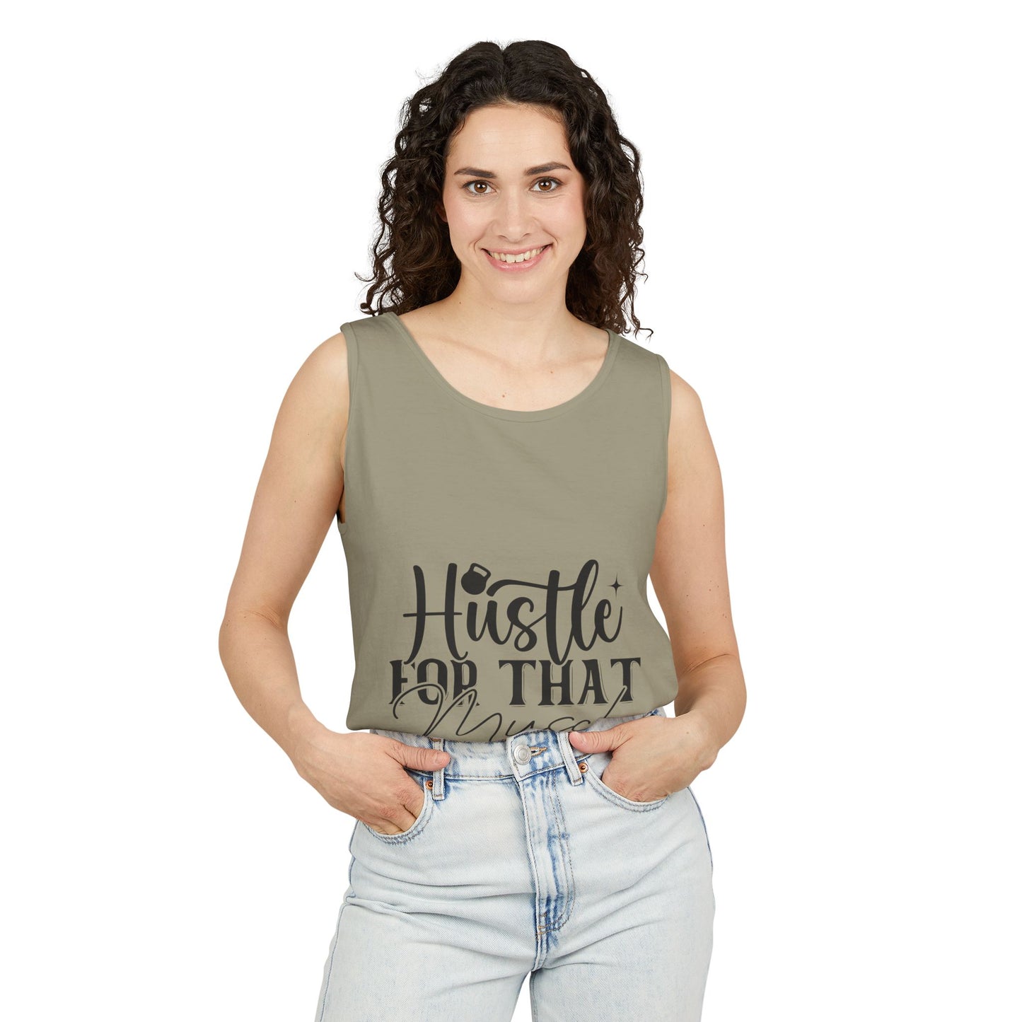 Unisex Garment-Dyed Tank Top – "Hustle for That Muscle" Motivational Gym Tank