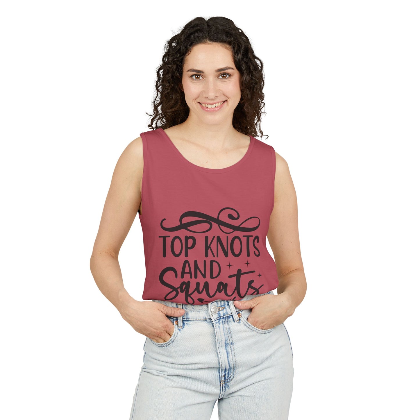 Unisex Garment-Dyed Tank Top – "Top Knots and Squats" Cute & Strong Workout Tank