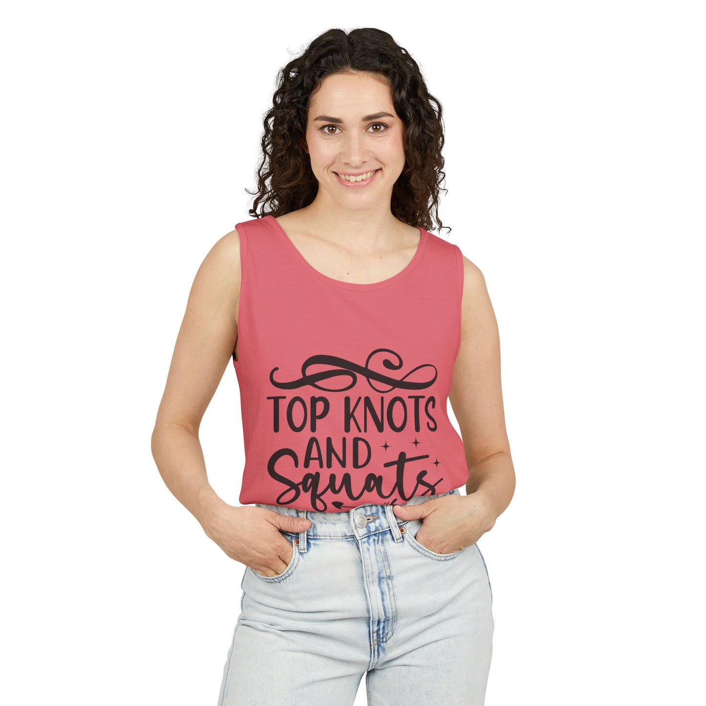 Unisex Garment-Dyed Tank Top – "Top Knots and Squats" Cute & Strong Workout Tank