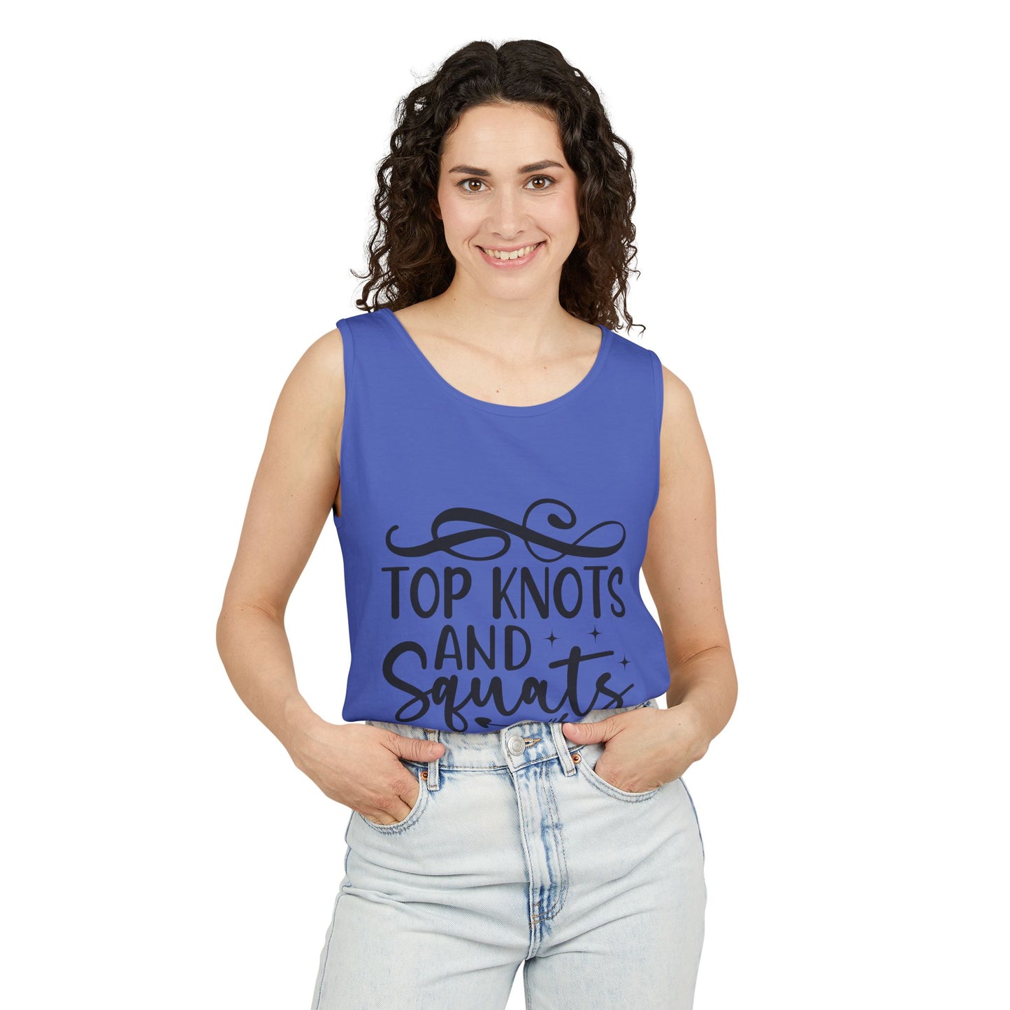 Unisex Garment-Dyed Tank Top – "Top Knots and Squats" Cute & Strong Workout Tank
