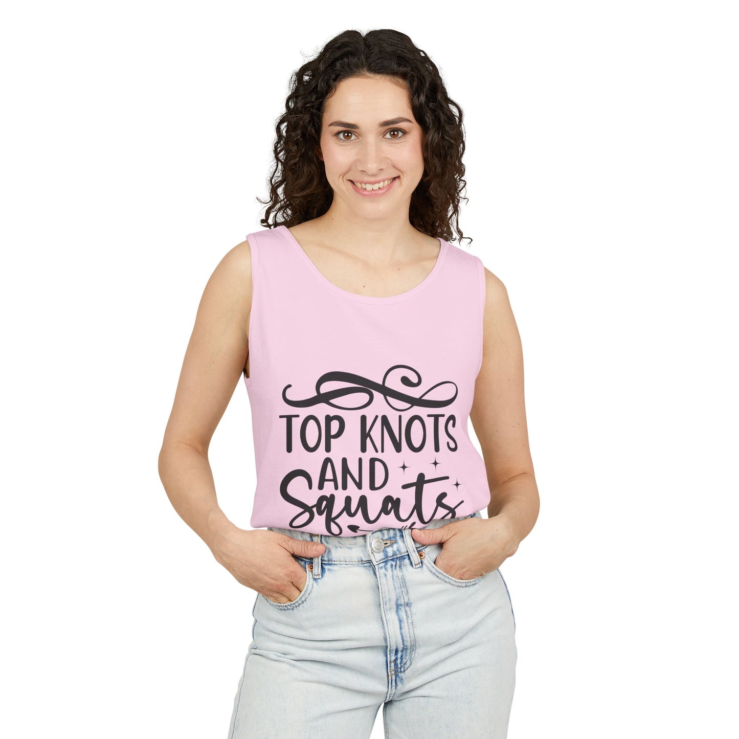 Unisex Garment-Dyed Tank Top – "Top Knots and Squats" Cute & Strong Workout Tank