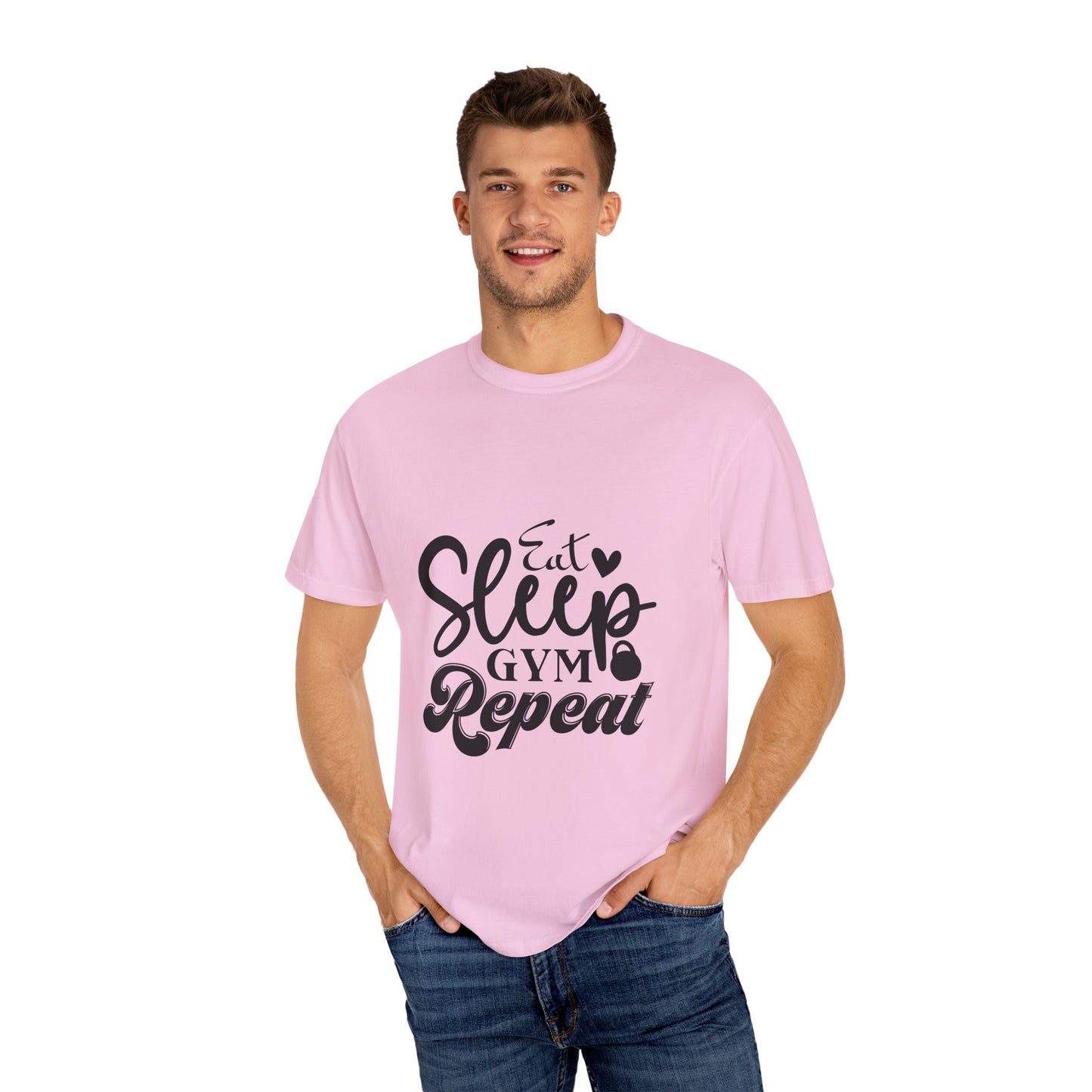 Fitness Lifestyle Tee - Unisex Garment-Dyed T-shirt with 'Eat Sleep Gym Repeat' Design