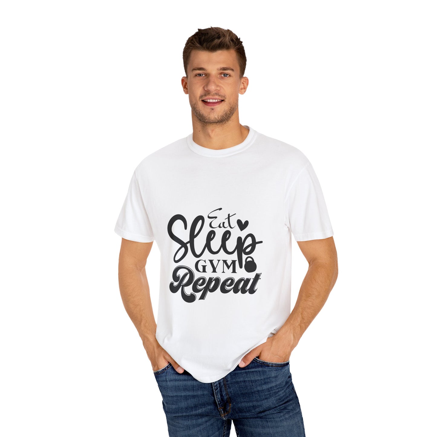 Fitness Lifestyle Tee - Unisex Garment-Dyed T-shirt with 'Eat Sleep Gym Repeat' Design