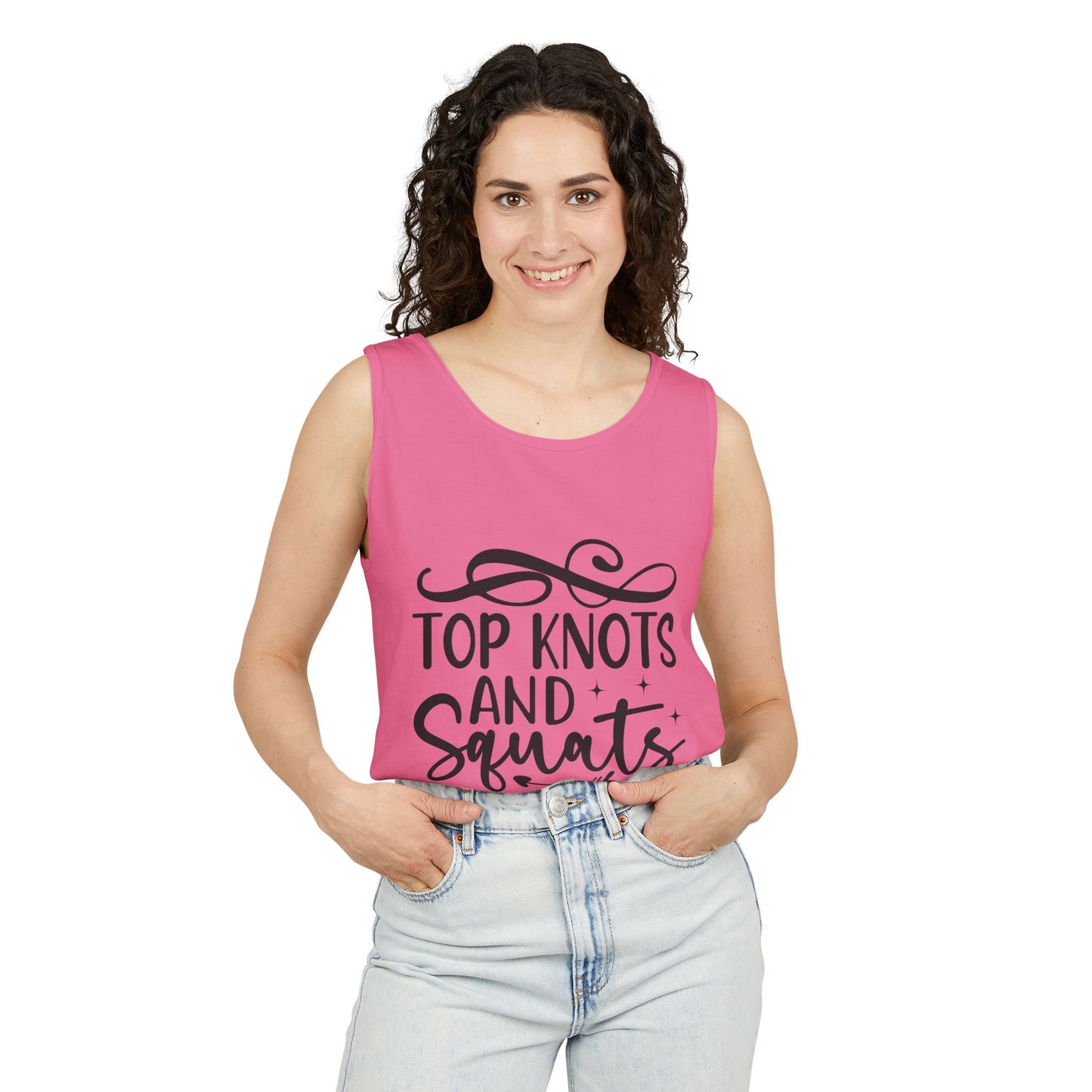 Unisex Garment-Dyed Tank Top – "Top Knots and Squats" Cute & Strong Workout Tank