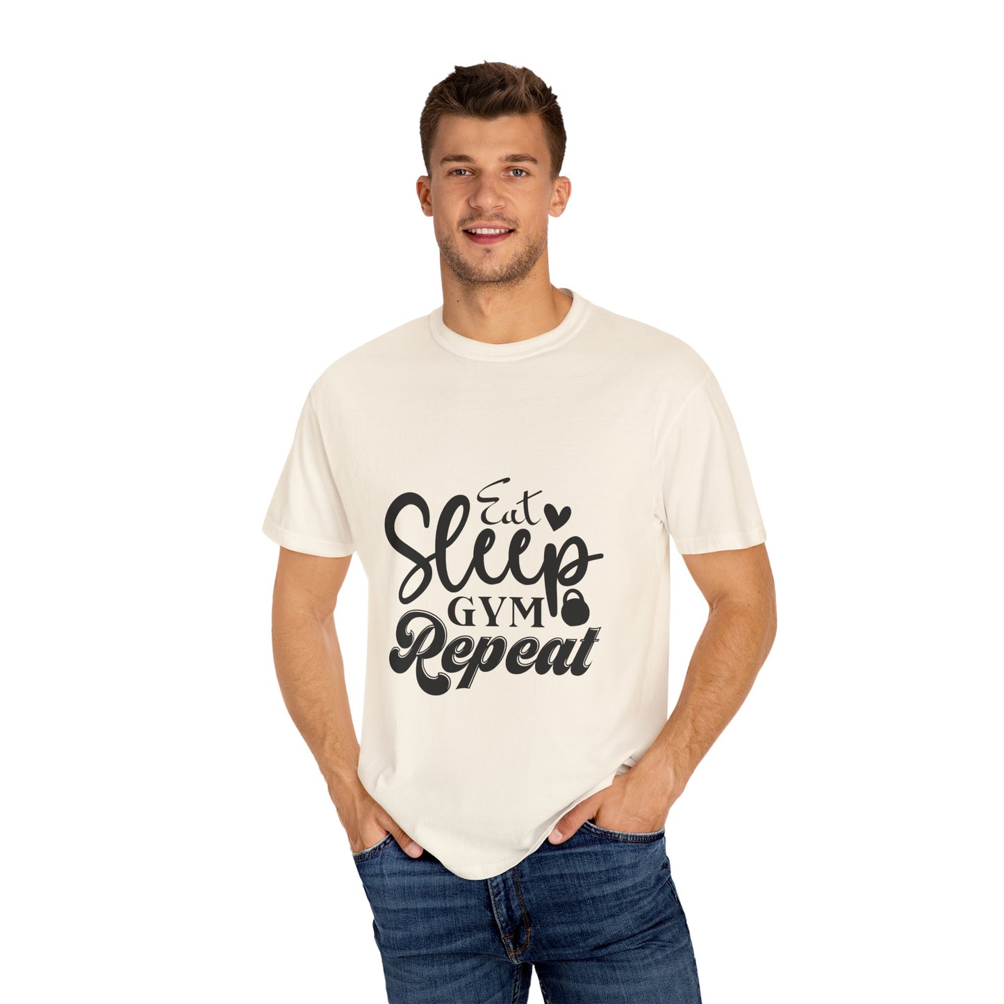 Fitness Lifestyle Tee - Unisex Garment-Dyed T-shirt with 'Eat Sleep Gym Repeat' Design