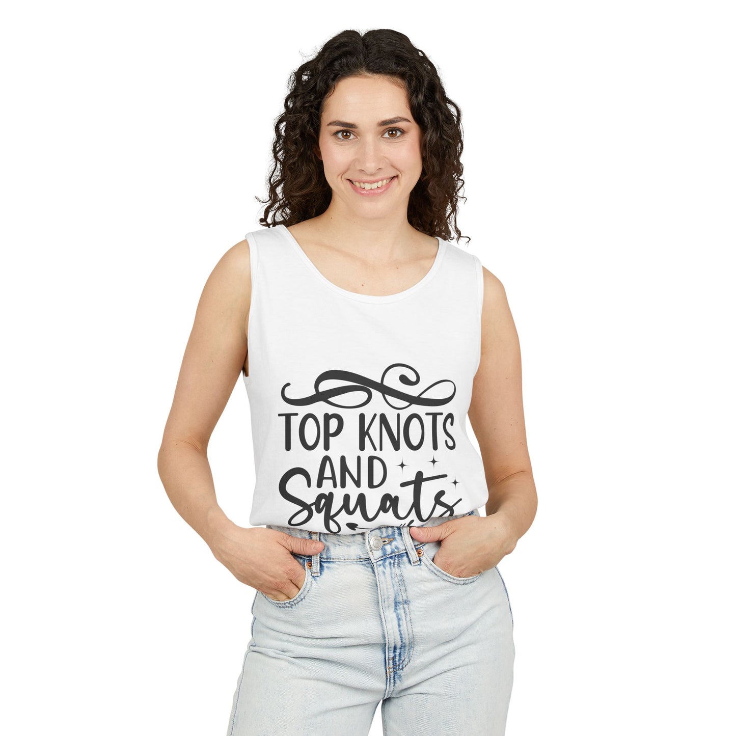Unisex Garment-Dyed Tank Top – "Top Knots and Squats" Cute & Strong Workout Tank
