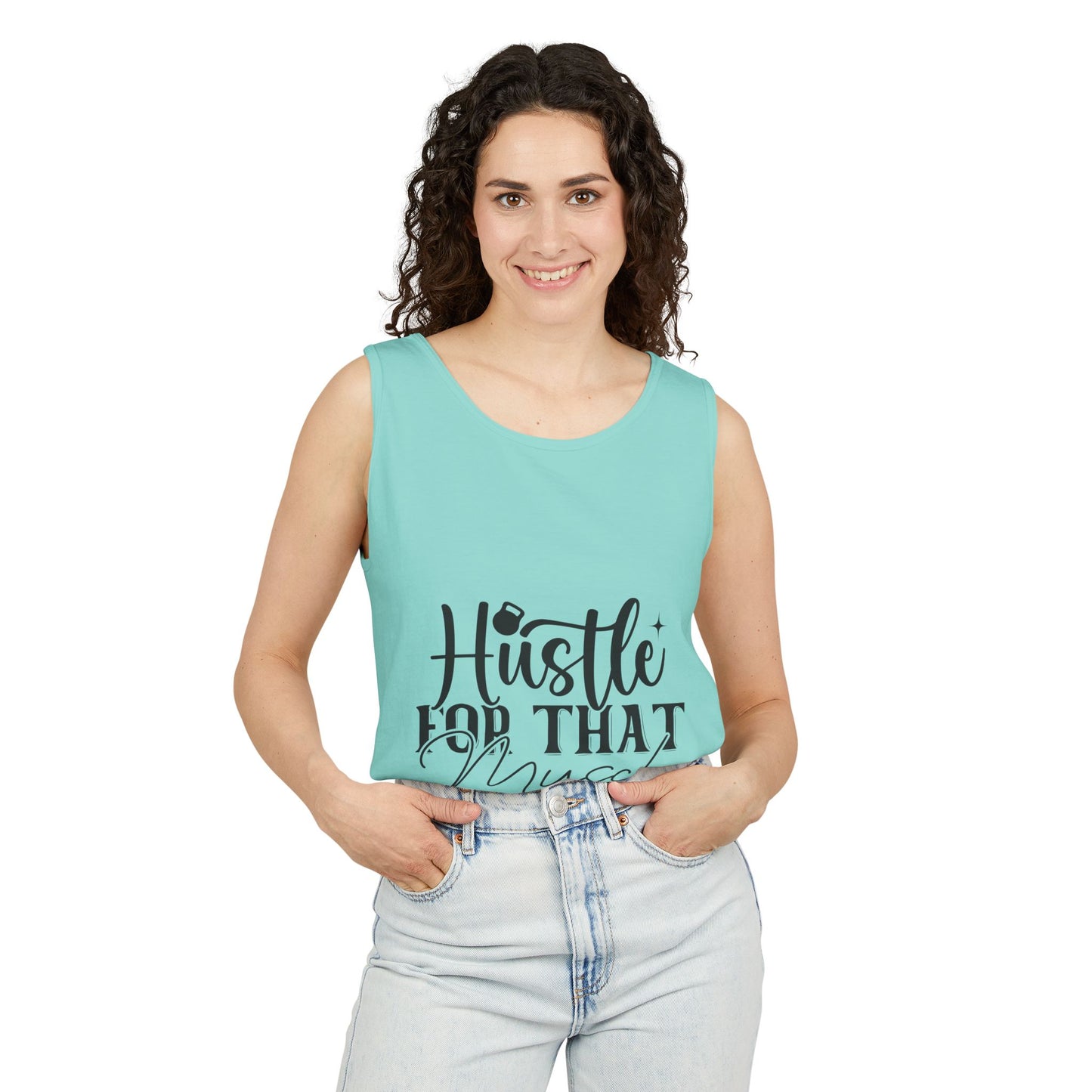Unisex Garment-Dyed Tank Top – "Hustle for That Muscle" Motivational Gym Tank