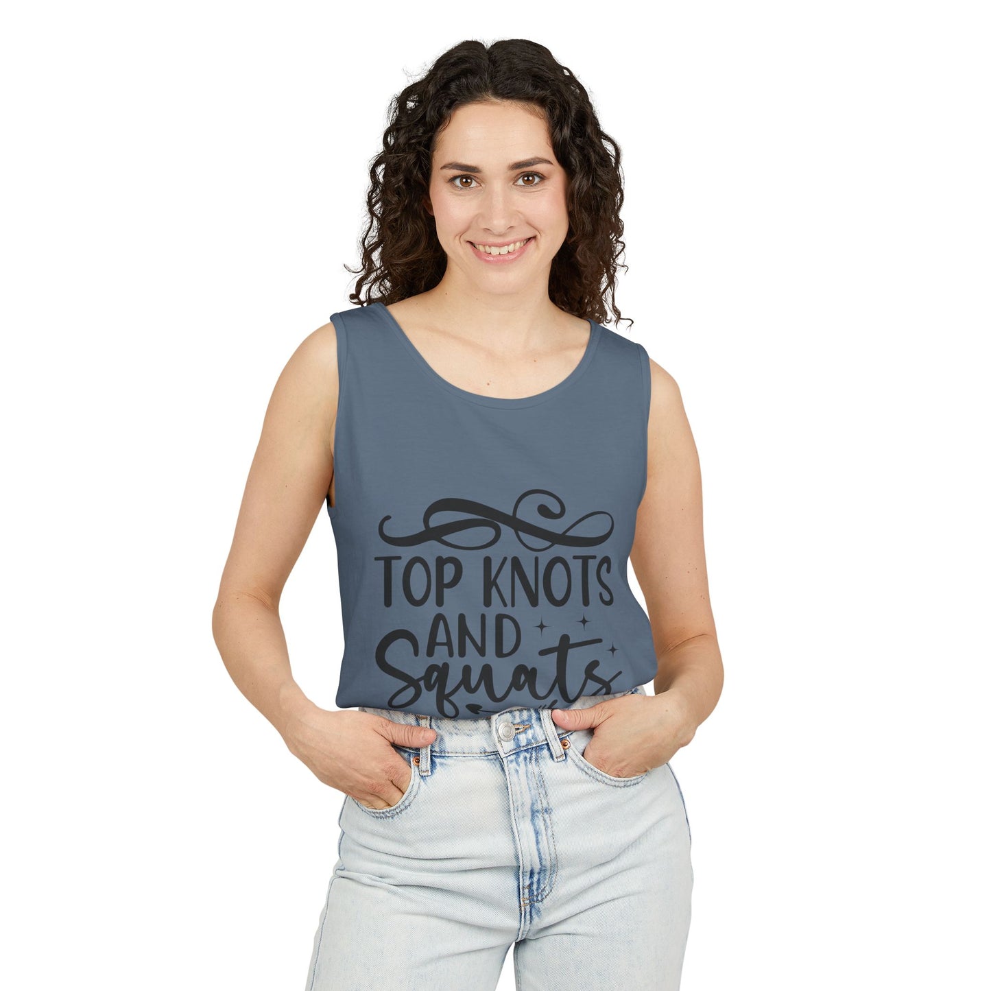 Unisex Garment-Dyed Tank Top – "Top Knots and Squats" Cute & Strong Workout Tank