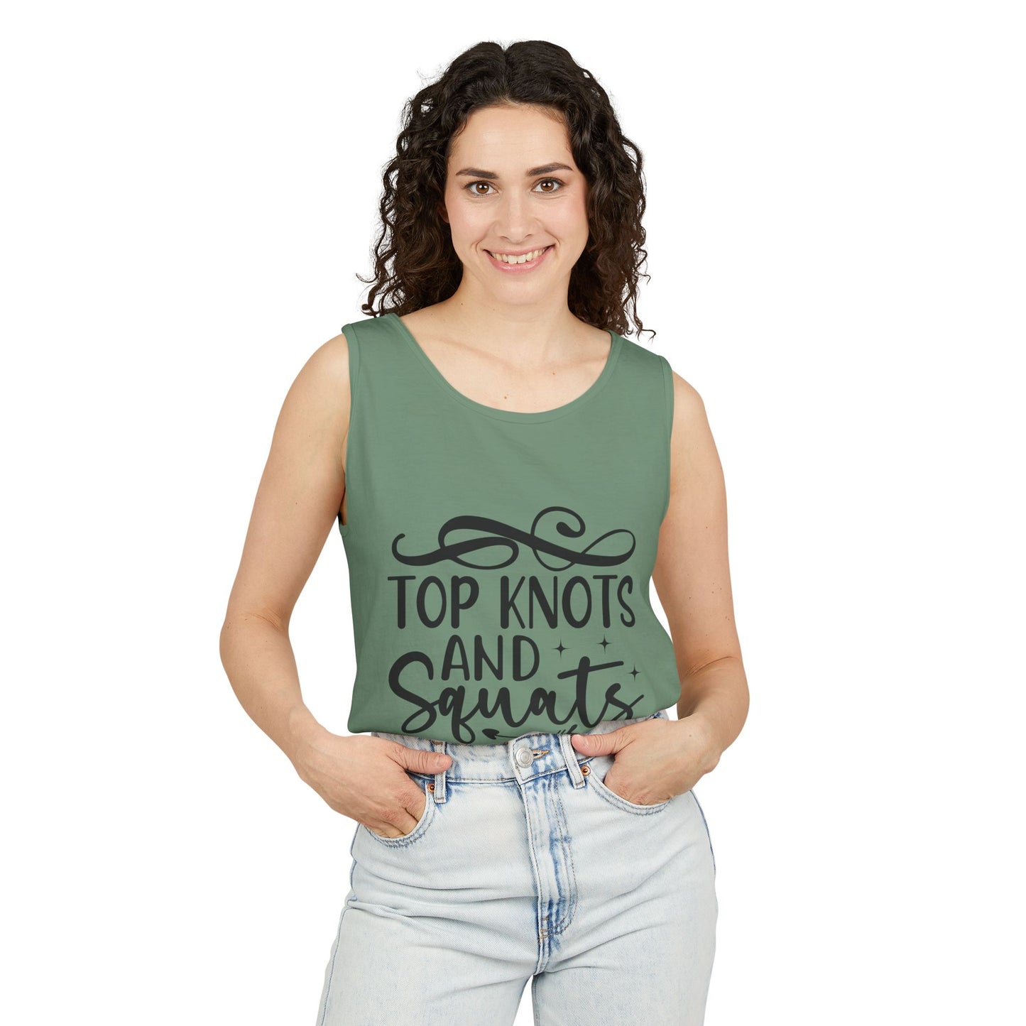 Unisex Garment-Dyed Tank Top – "Top Knots and Squats" Cute & Strong Workout Tank