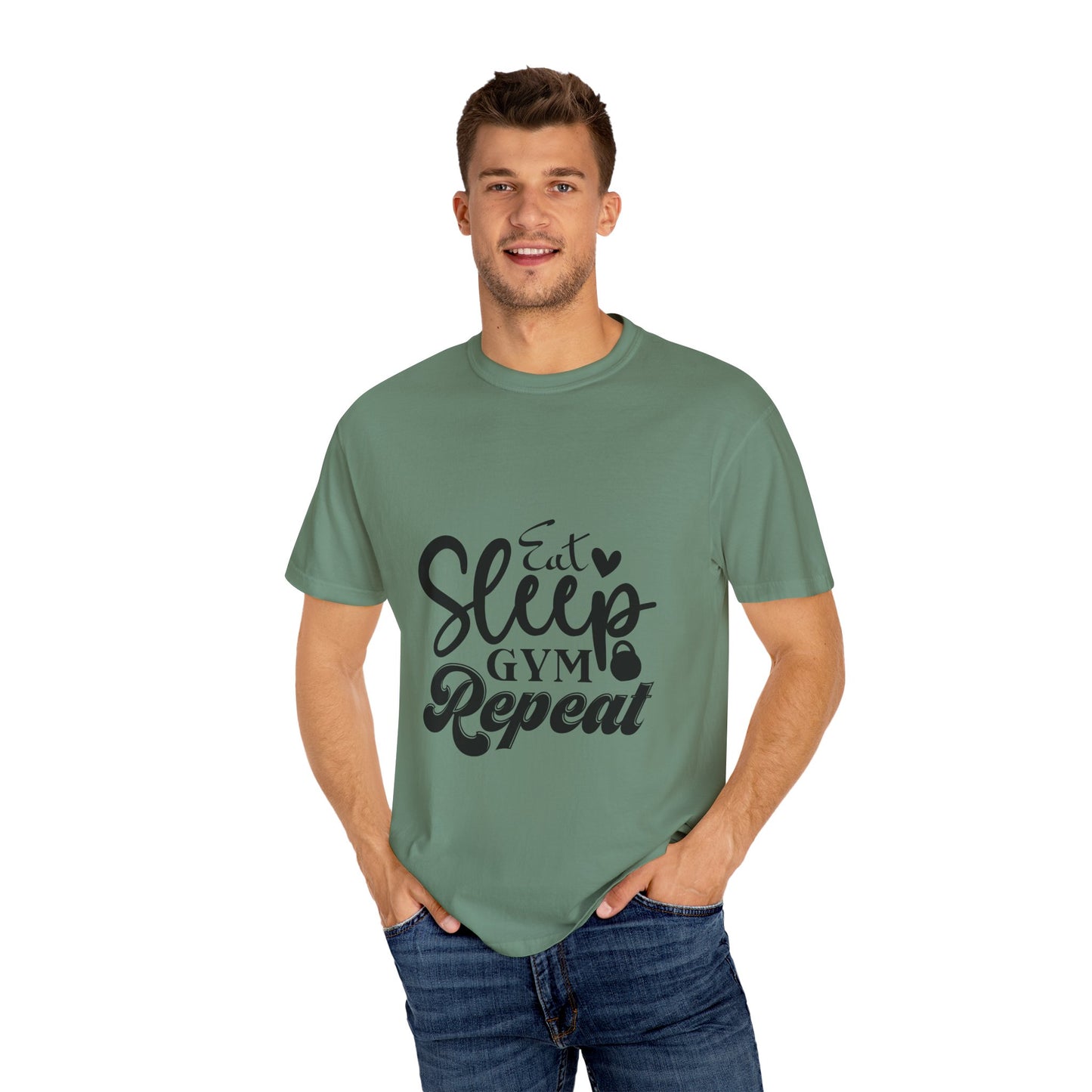 Fitness Lifestyle Tee - Unisex Garment-Dyed T-shirt with 'Eat Sleep Gym Repeat' Design