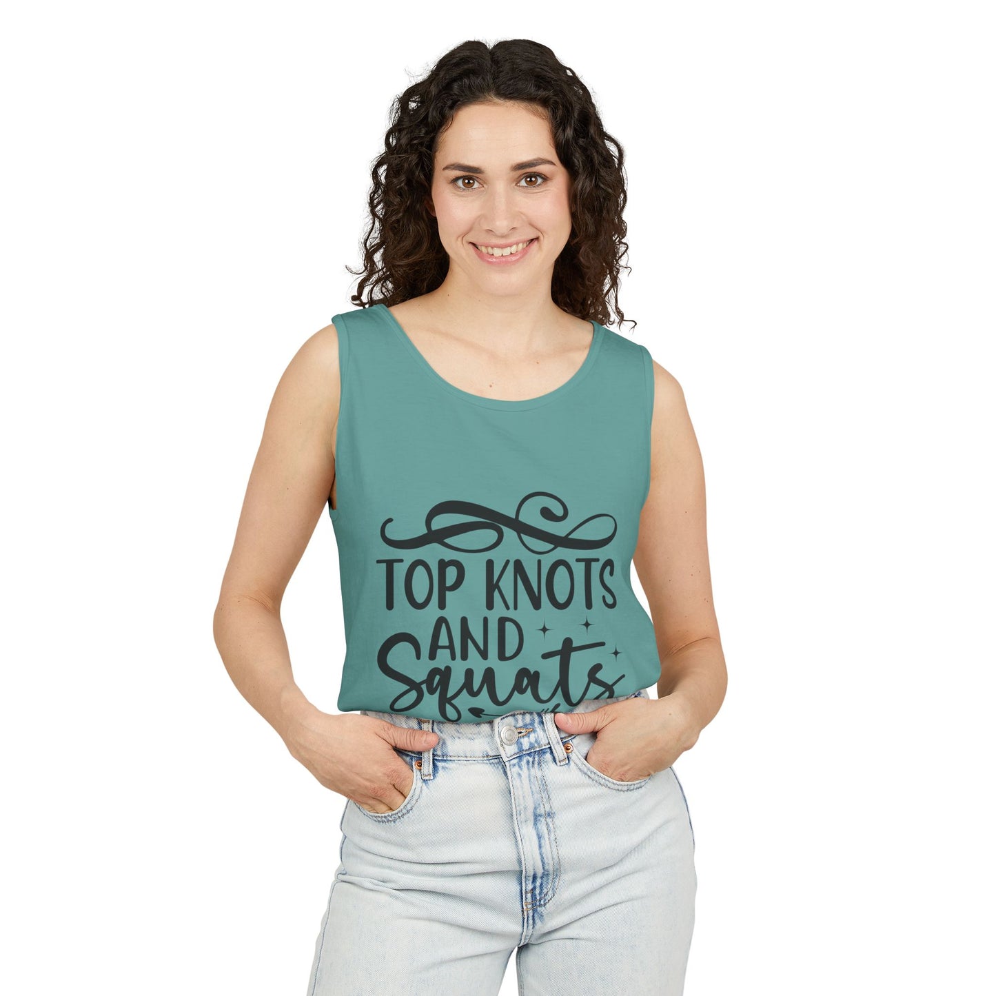 Unisex Garment-Dyed Tank Top – "Top Knots and Squats" Cute & Strong Workout Tank