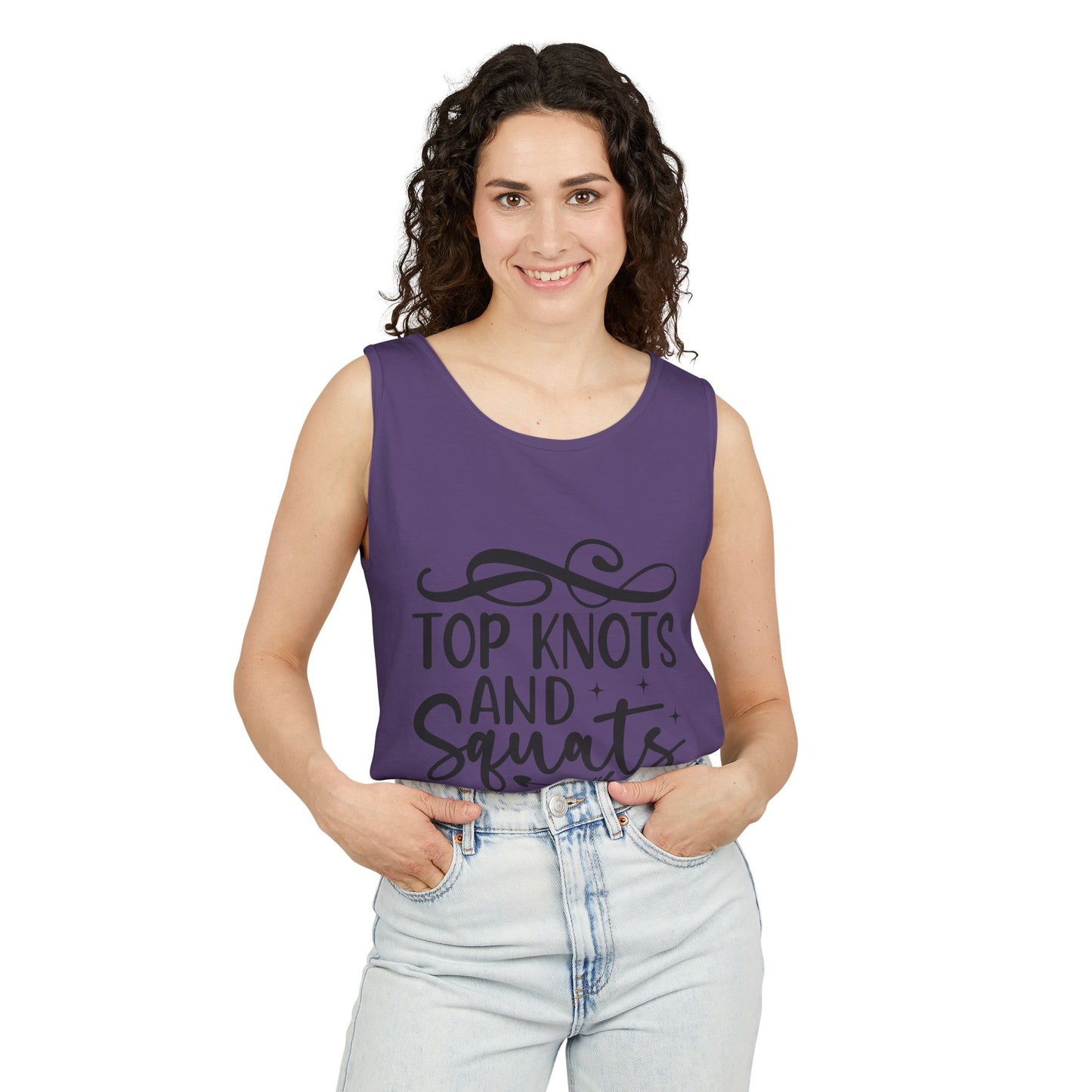 Unisex Garment-Dyed Tank Top – "Top Knots and Squats" Cute & Strong Workout Tank