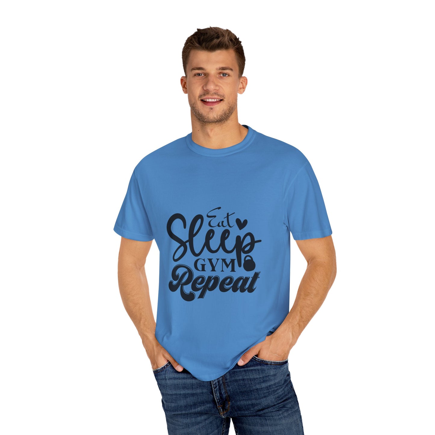 Fitness Lifestyle Tee - Unisex Garment-Dyed T-shirt with 'Eat Sleep Gym Repeat' Design