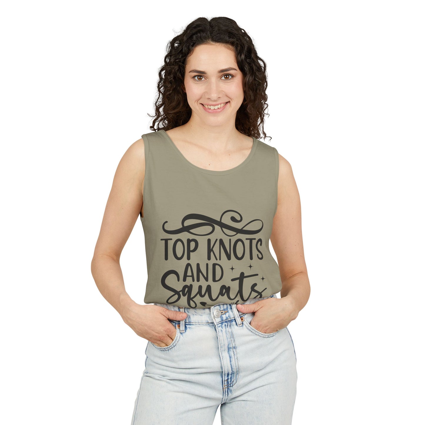 Unisex Garment-Dyed Tank Top – "Top Knots and Squats" Cute & Strong Workout Tank