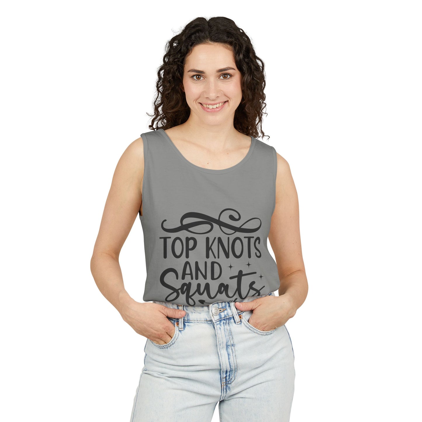 Unisex Garment-Dyed Tank Top – "Top Knots and Squats" Cute & Strong Workout Tank