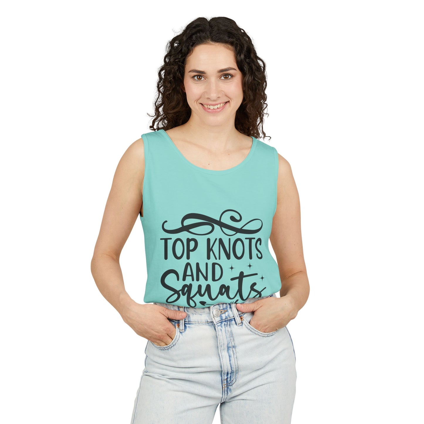 Unisex Garment-Dyed Tank Top – "Top Knots and Squats" Cute & Strong Workout Tank