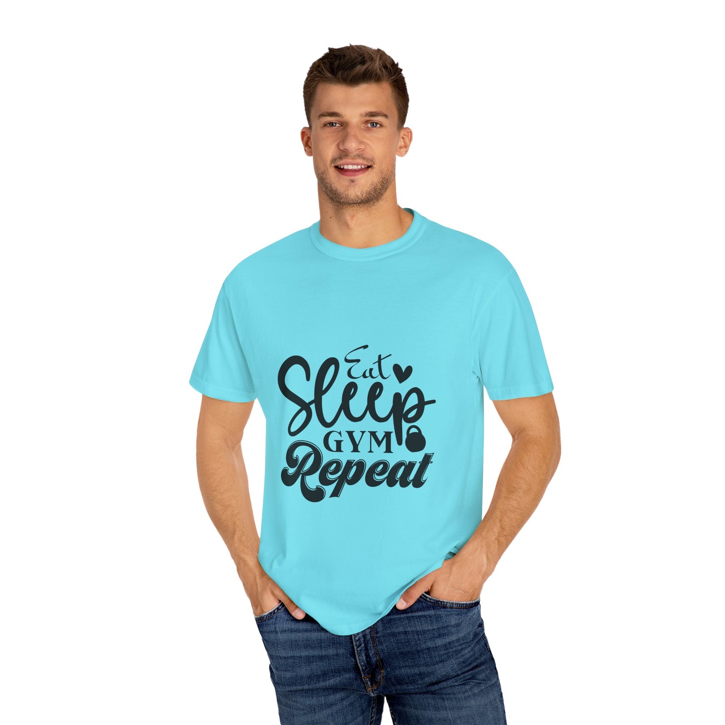Fitness Lifestyle Tee - Unisex Garment-Dyed T-shirt with 'Eat Sleep Gym Repeat' Design