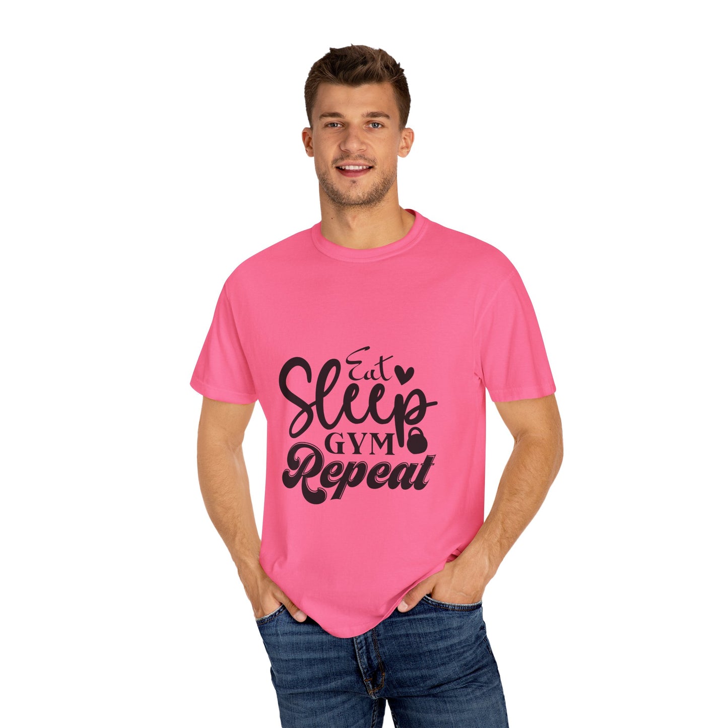 Fitness Lifestyle Tee - Unisex Garment-Dyed T-shirt with 'Eat Sleep Gym Repeat' Design