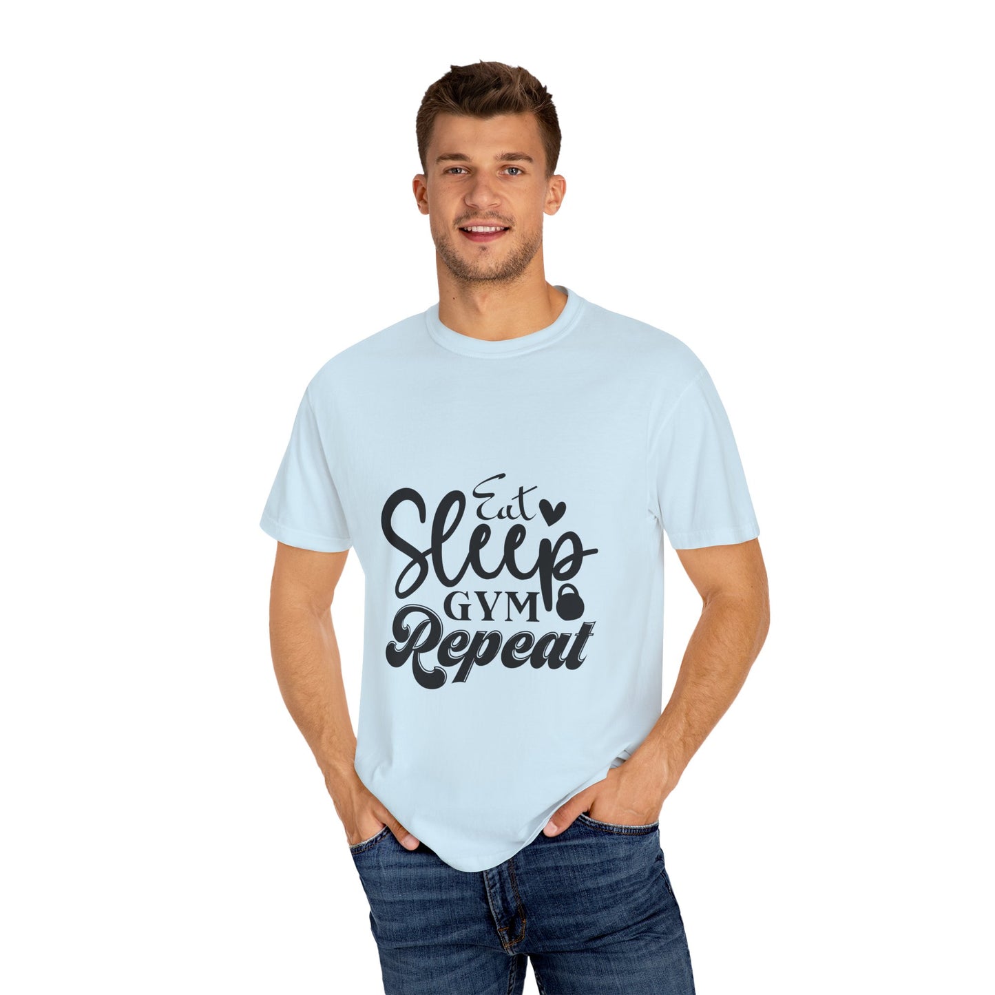 Fitness Lifestyle Tee - Unisex Garment-Dyed T-shirt with 'Eat Sleep Gym Repeat' Design