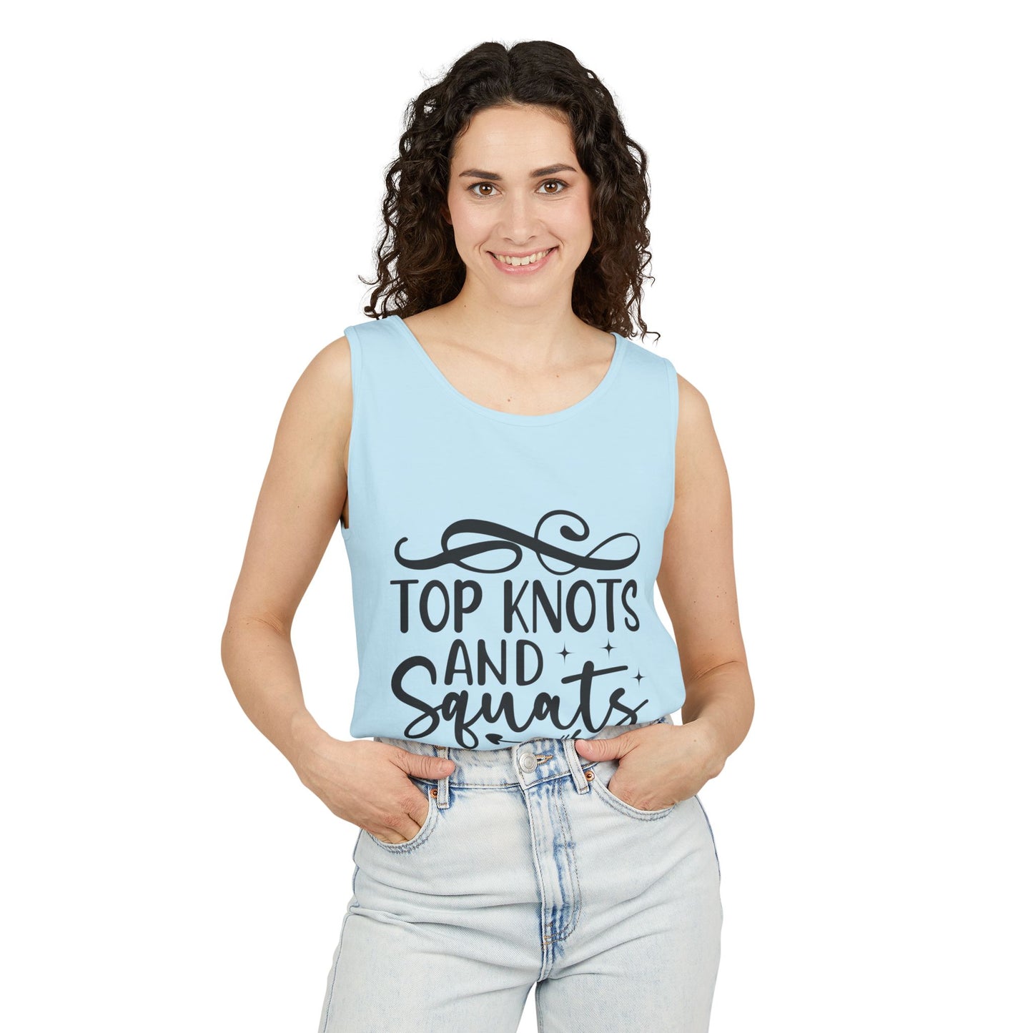 Unisex Garment-Dyed Tank Top – "Top Knots and Squats" Cute & Strong Workout Tank